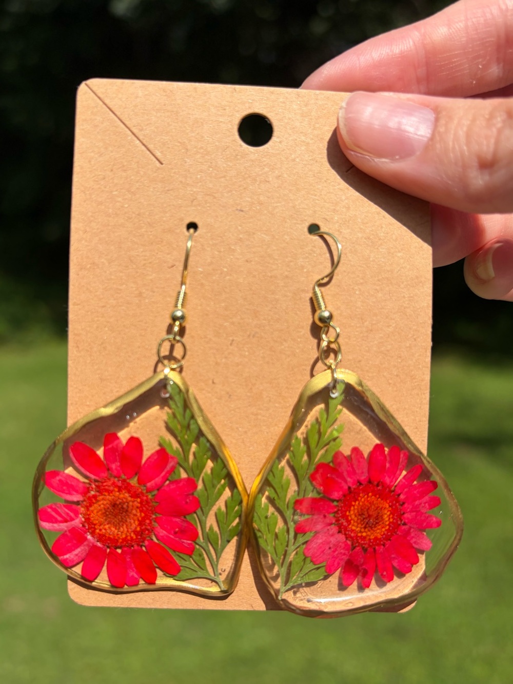 E7 Handmade Real Pressed Flower Earrings | Gold Trim Floral Botanical Jewelry